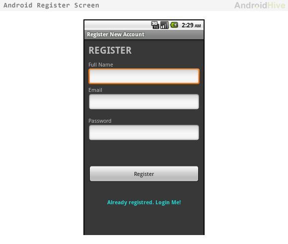 android registration screen